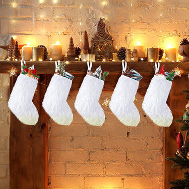 12 Pcs 10 Inch Snowy White Christmas Stockings Faux Fur Christmas Stockings Furry Christmas Stocking Hanging Ornaments Candy Gift Bags Fireplace Hanging Stocking for Decorations Xmas Tree